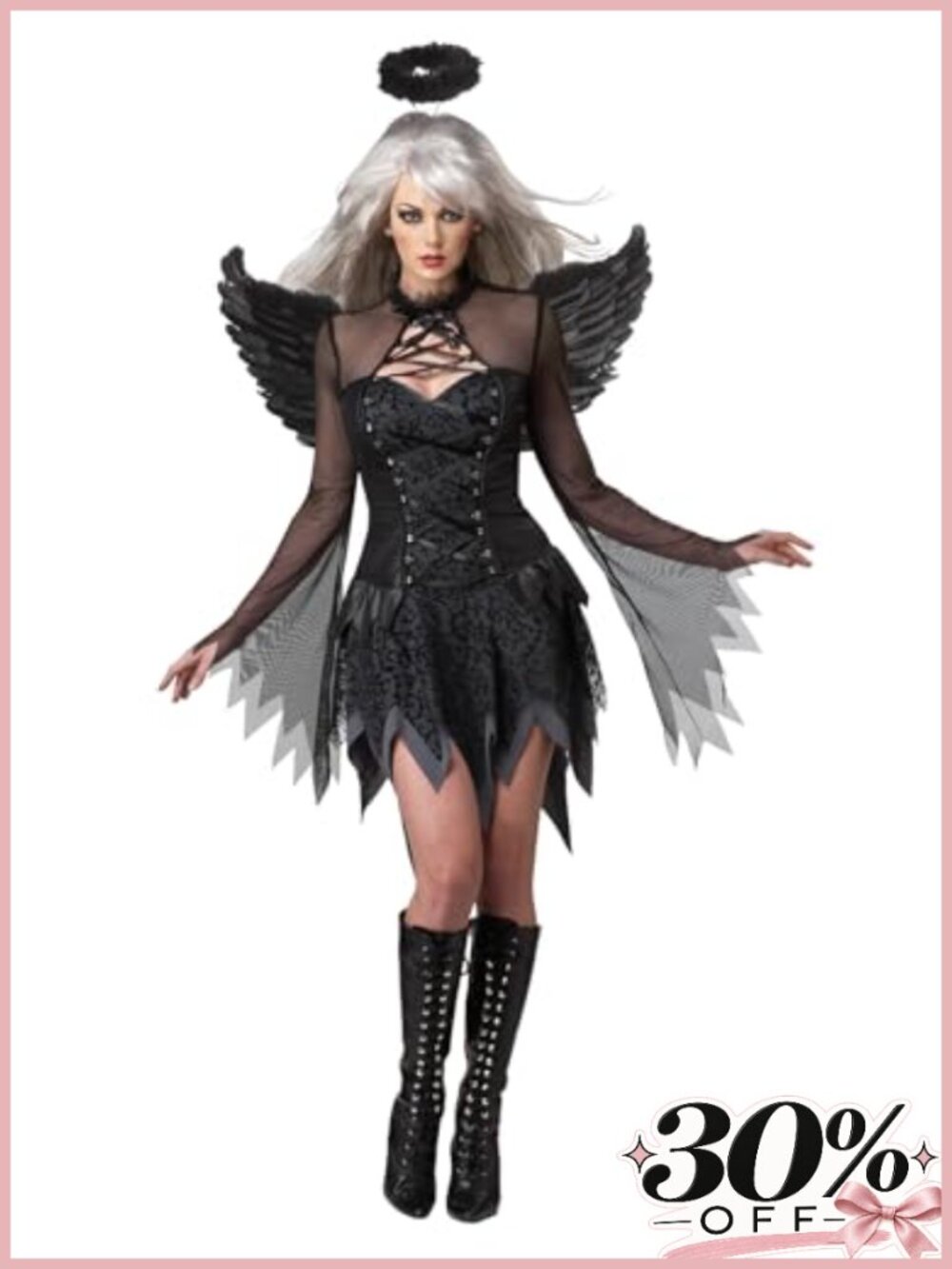 Women's Fallen Angel Costume Dress with Halo and Wings, Halter Neck, Long